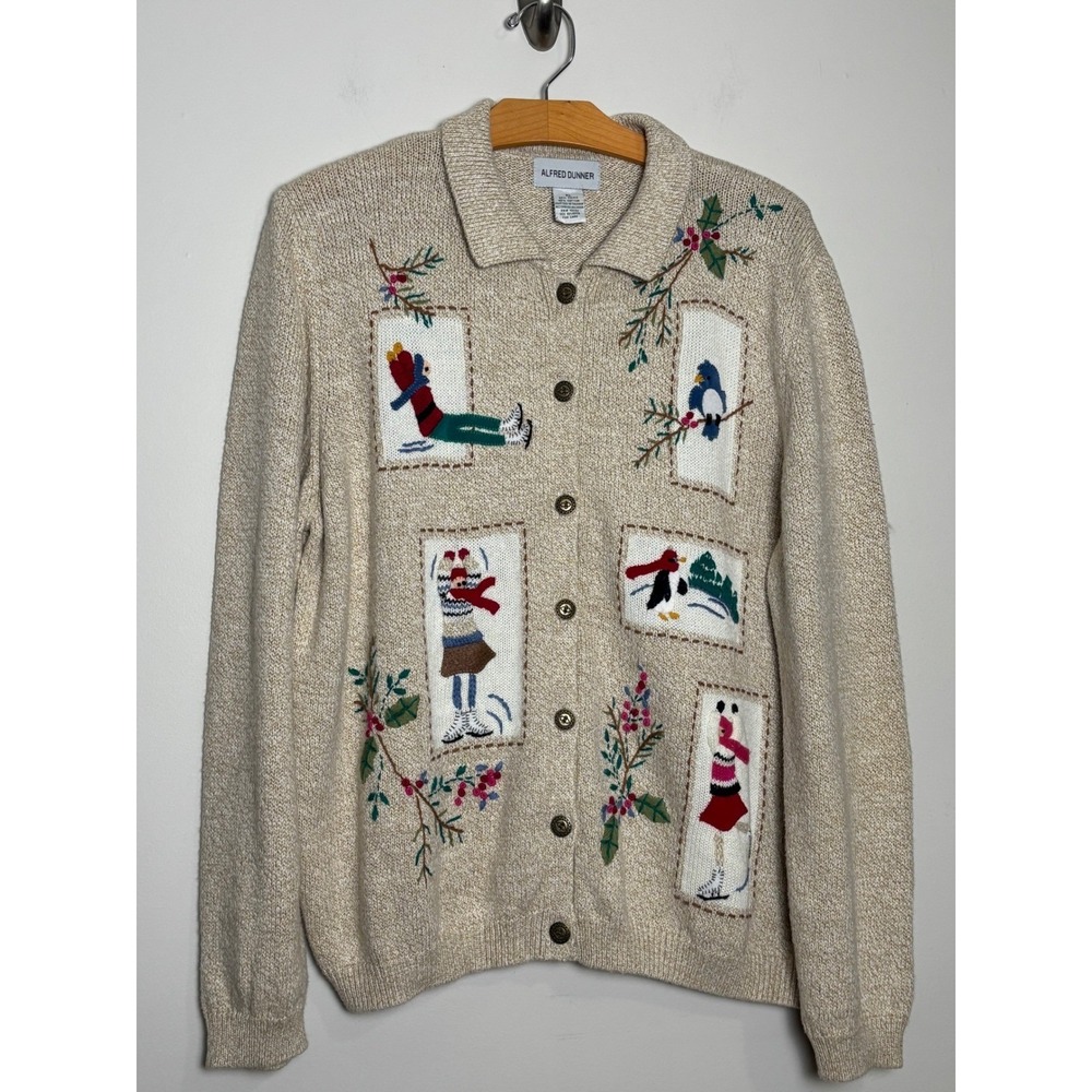 Womens Embroidered Cardigan Sweater XL Cottage Retro Winter Ice Skating Holiday